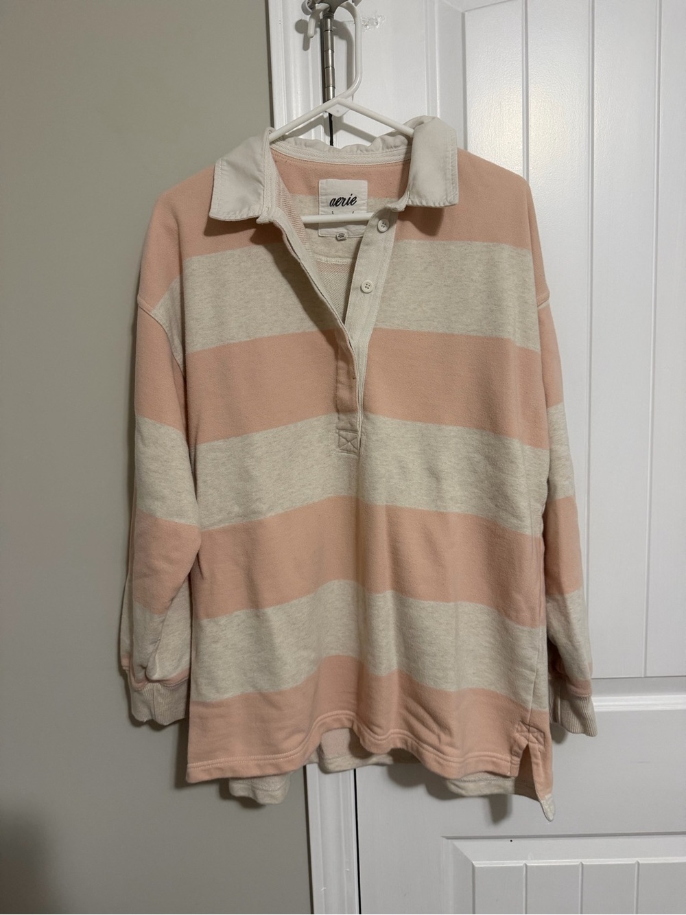 Aerie Cream & Blush Striped Rugby Pullover Sweater